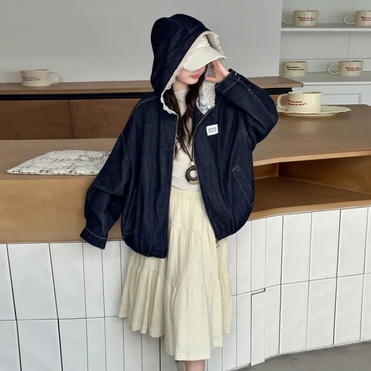 女童韩版蕾丝连帽牛仔外套女2025秋季新款中大童洋气宽松夹克上衣