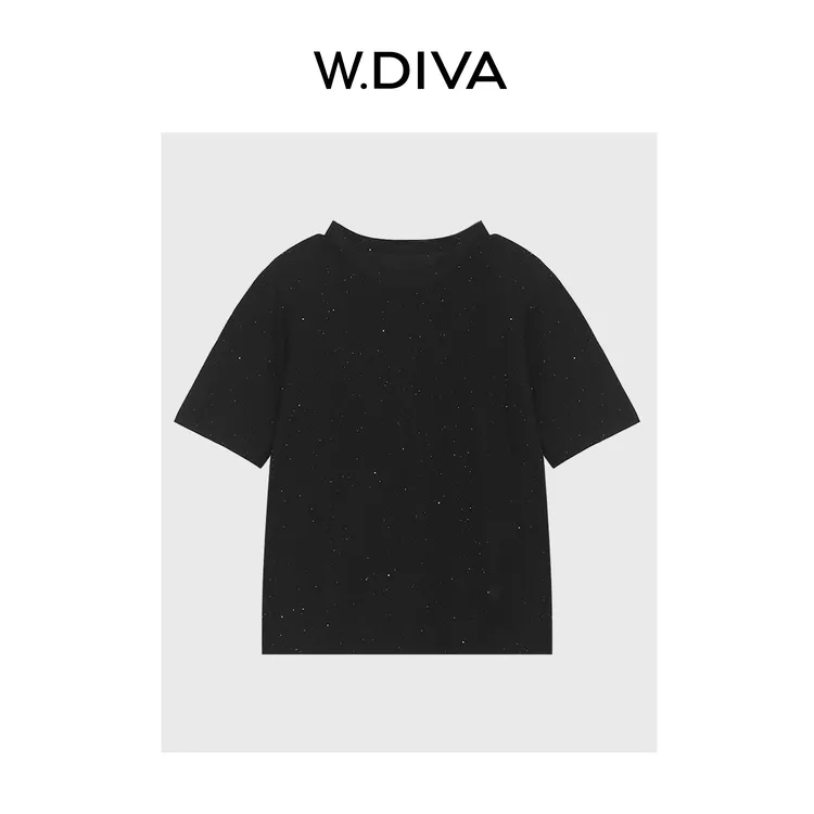 W.Diva【星辰】碎片气质洋气休闲亮点珠片短袖圆领针织衫52Z192147