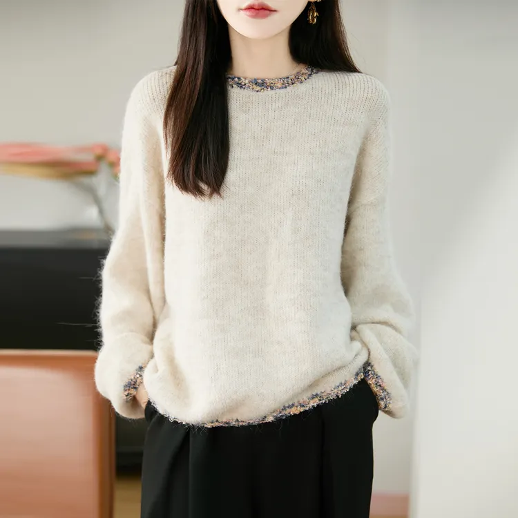品牌2025秋冬新款圆领花边羊毛针织衫冬慵懒风宽松洋气百搭打底衫