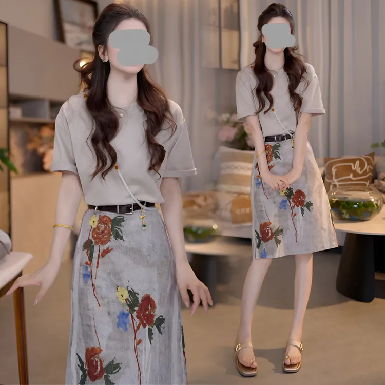 法式都市风时尚套装女2025年夏季新款短袖百搭T恤+印花半身短裙