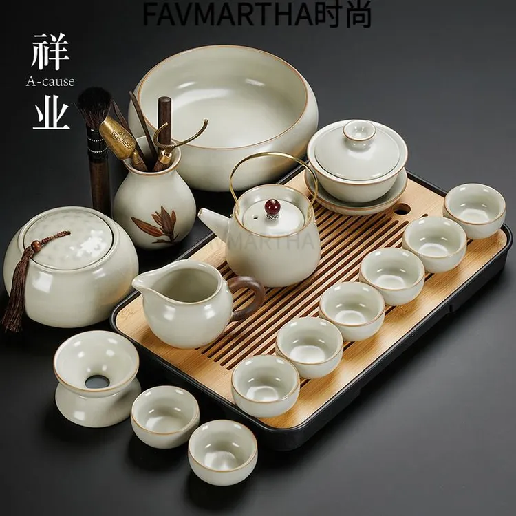 2025新款汝窑功夫茶具套装陶瓷茶壶盖碗茶杯茶盘轻奢家用喝茶