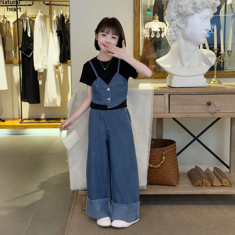 夏季2025新款儿童洋气休闲气质显瘦甜酷女童短袖牛仔阔腿裤两件套