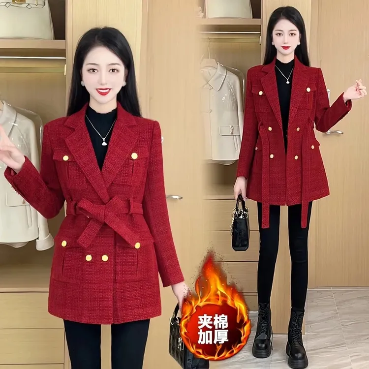 【加棉加厚】2024冬季新款小香风女毛呢西装外套时尚洋气中长款大衣