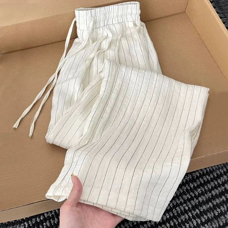 白色高端条纹亚麻直筒休闲裤女夏季宽松百搭垂感高腰慵懒风阔腿裤