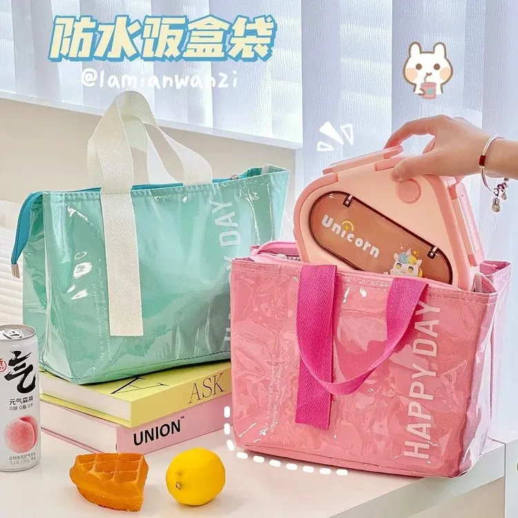 上班族饭盒手提袋学生带饭防水防油保温包便携可爱帆布铝箔便当袋