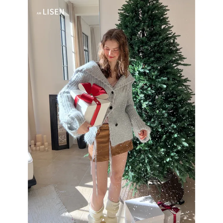 离森设计感绑带针织开衫秋冬灰蓝色可爱小众别致纽扣毛衣外套