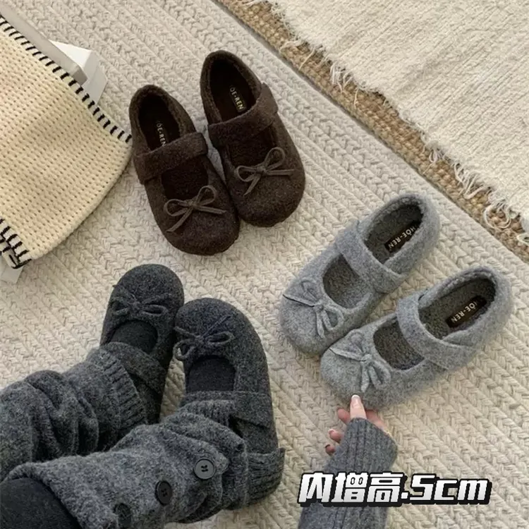 小香风蝴蝶结灰色毛呢内增高加绒勃肯鞋子女厚底玛丽珍浅口毛毛鞋