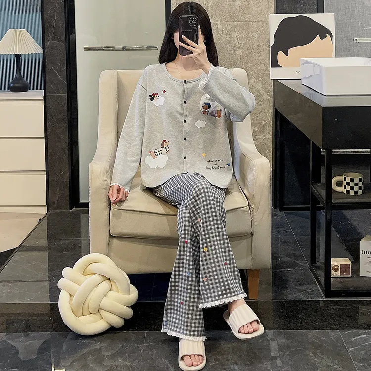 睡衣女春秋季纯棉长袖大码2025年新款保暖格子裤云朵狗套装家居服