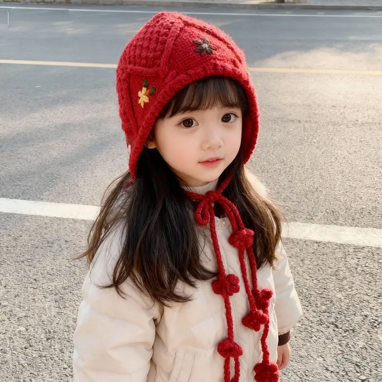 宝宝帽子秋冬可爱花朵流苏针织帽女童百搭护耳保暖洋气加厚毛线帽