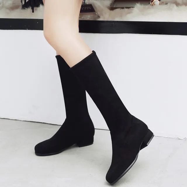 韩版平底弹力靴中筒靴两穿法靴子骑士靴大码44 45 46 47 48 49 50
