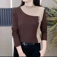 B617#时尚半高领拼接设计显瘦长袖上衣（L~5XL 90~160斤）
