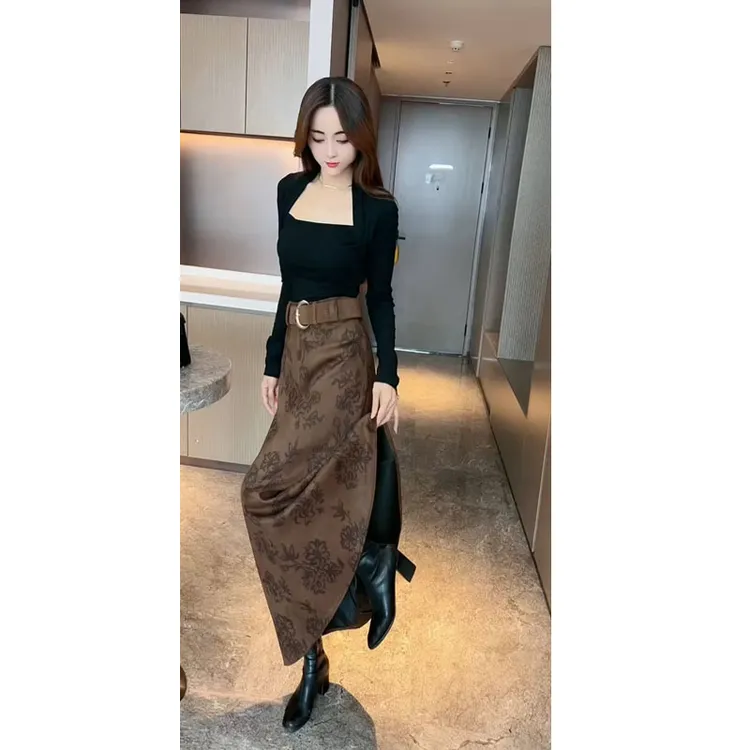 含腰带/名媛风气质洋气插肩袖上衣女显瘦中长款麂皮绒半身裙伞裙