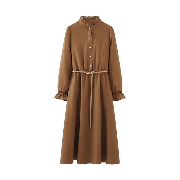 木耳边立领腰带中长裙女高腰显瘦通勤连衣裙