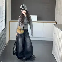 女童毛衣牛仔弯刀裤套装2025年儿童春秋装连帽上衣长裤嘻哈两件套