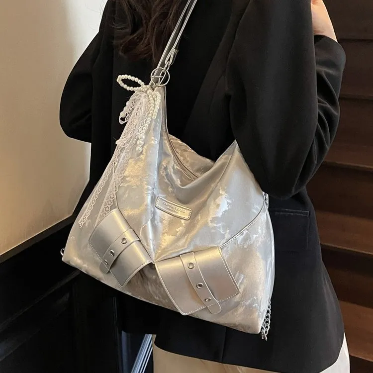 简约风车缝线纯色主袋耐磨单肩包时尚小众简约褶皱网红百搭学生