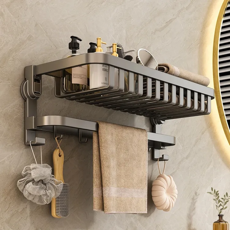 吸盘免打孔网篮浴巾架卫浴毛巾置物架双折叠太空铝浴室收纳架家用