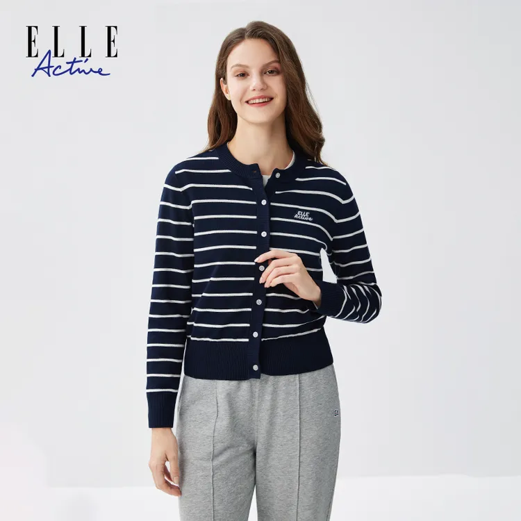 ELLE Active经典条纹圆领开衫休闲通勤女士针织衫时尚外套空调衫