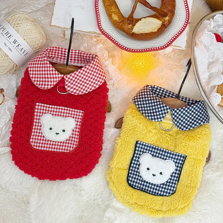 秋冬新款加绒保暖毛毛中小型宠物猫狗可牵引背心口袋泰迪比熊卫衣