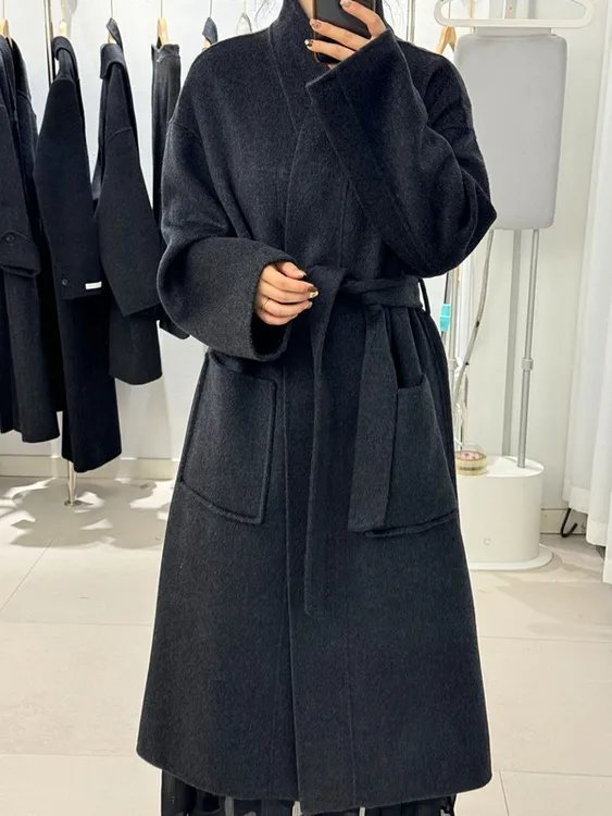 秋冬百搭新款通勤轻奢长款宽松系带羊毛大衣女·