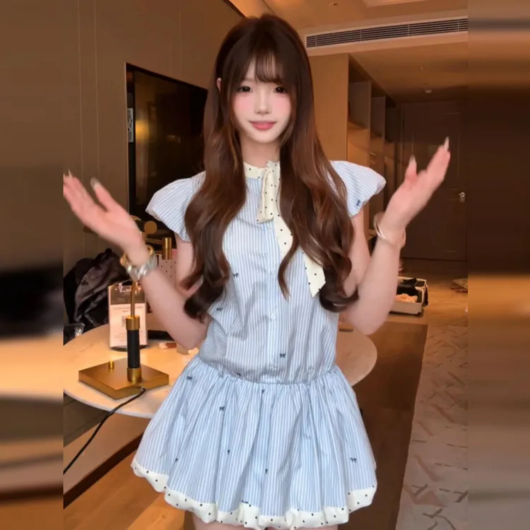 韩系学院风条纹衬衫连衣裙子女夏季2025新款miu系小个子气质短裙