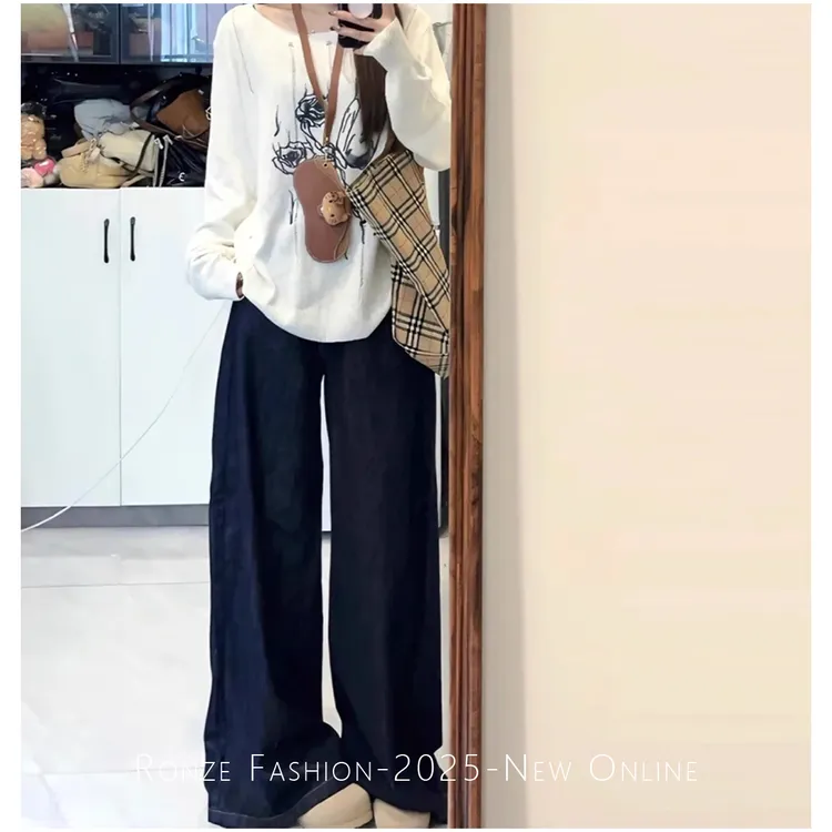 美式原牛ins风阔腿牛仔裤女百搭极简风老钱风蓝灰色加绒加厚牛仔