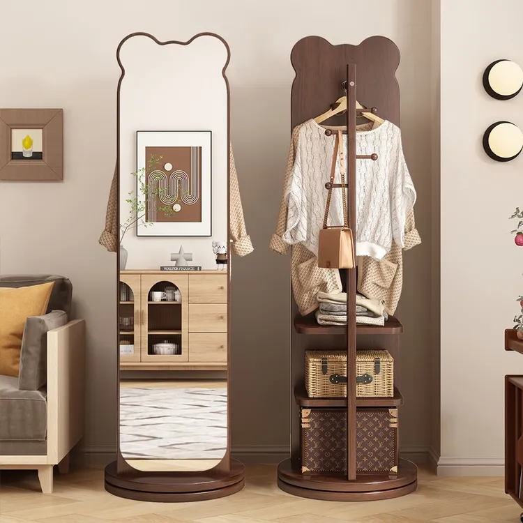 小熊全身镜实木旋转挂衣帽架一体全身镜可移动落地镜家用全身镜