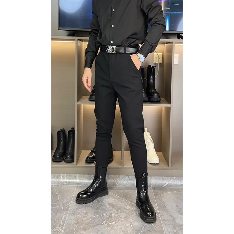 秋冬高级感西裤男士修身个性潮流黑色马丁靴束脚裤弹力韩版铅笔裤