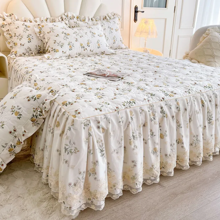 韩版100%纯棉夹棉床裙全棉公主风加厚蕾丝花边床罩防滑床垫保护罩
