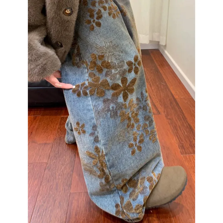 美式复古提花宽松百搭牛仔裤男冬季显瘦垂感阔腿裤弯刀裤拖地长裤