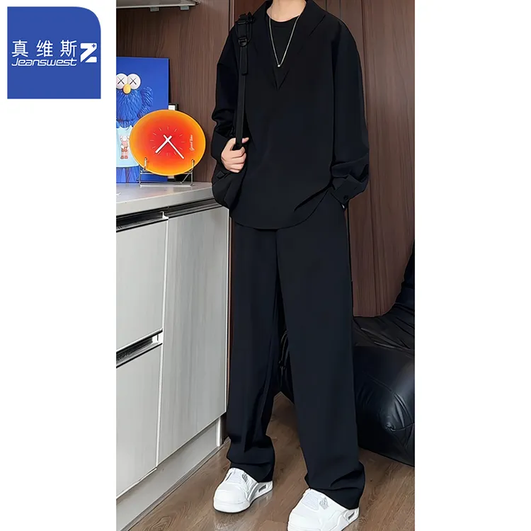 真维斯Z+美式假两件上衣垂感长裤套装秋季ins老钱风休闲两件套男