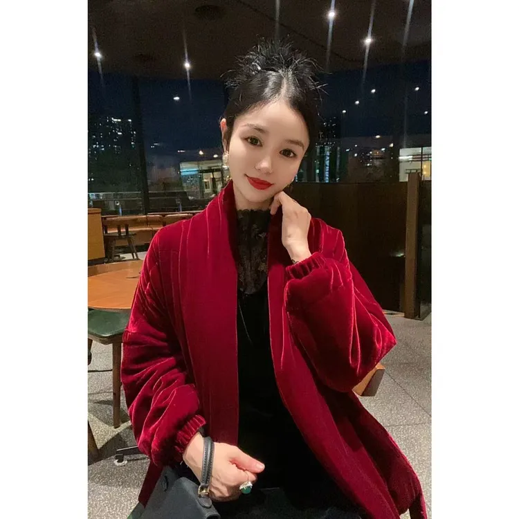 【大眼睛】重磅桑蚕丝真丝丝绒青果领棉衣连身落肩袖宽松轻奢外套