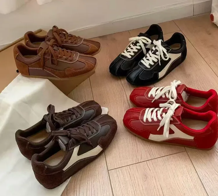 软皮版！系带拼色内增高2025新款复古德训鞋女款爆款2025新款百搭