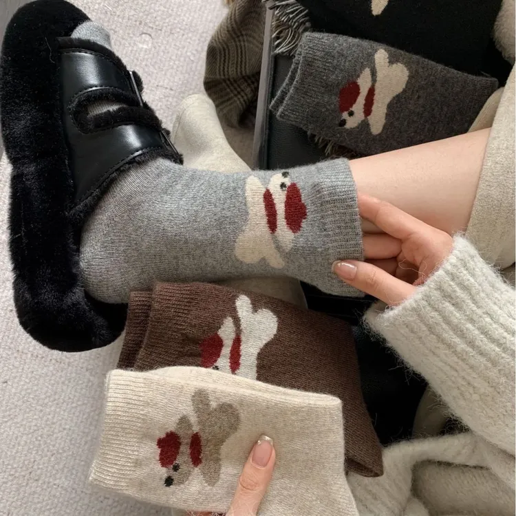袜子女秋冬季可爱卡通小狗韩系ins春秋中筒堆堆外穿灰色百搭长袜