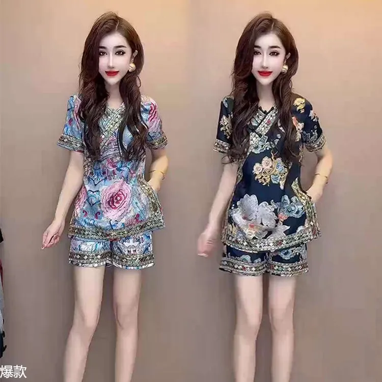 新中式国风复古两件套女春季新款宽松遮肉短袖t恤休闲短裤套装潮