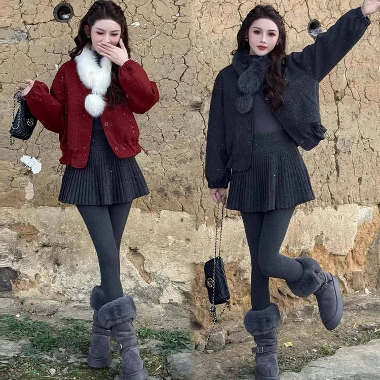 时尚细闪加厚毛呢外套女2025冬季新款洋气小个子短款毛领呢子大衣