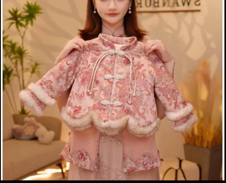 女童国风毛绒棉服加绒重工长裤套装2025冬季中式加厚夹棉外套汉服