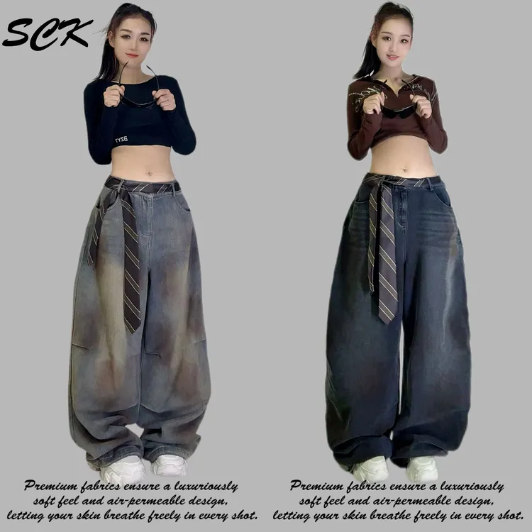 时超康友利玖壹玖潮牌牛仔阔腿复古领带装饰做旧刺绣2598款