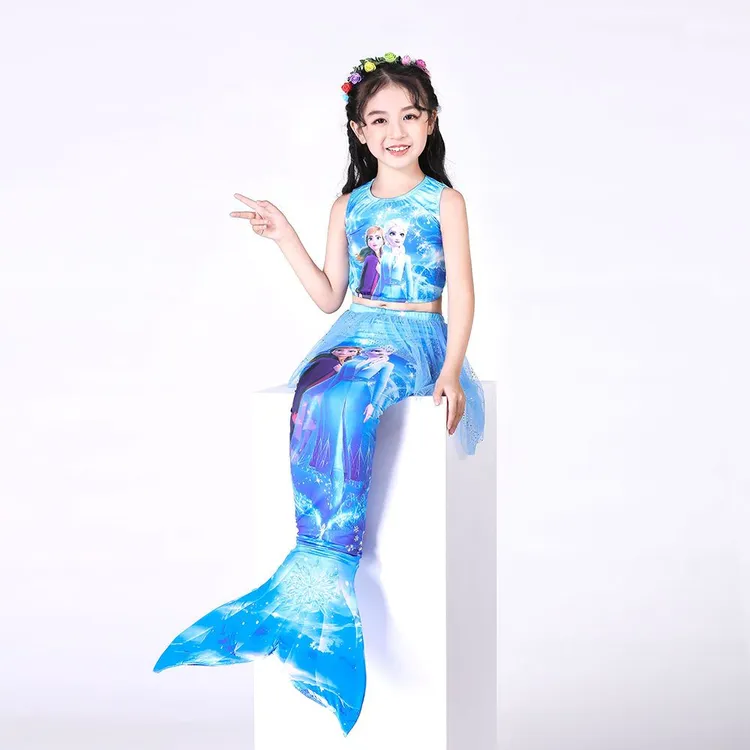 新款女童美人鱼衣服泳衣儿童四件套冰雪图案比基尼分体泳衣夏季