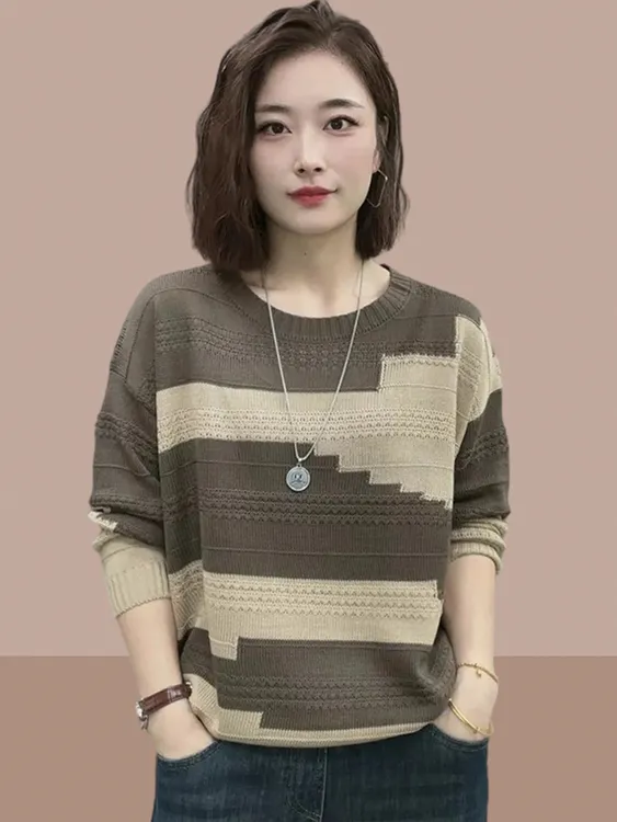 圆领拼色针织衫女2025春秋新款洋气减龄小众韩版休闲百搭显瘦上衣