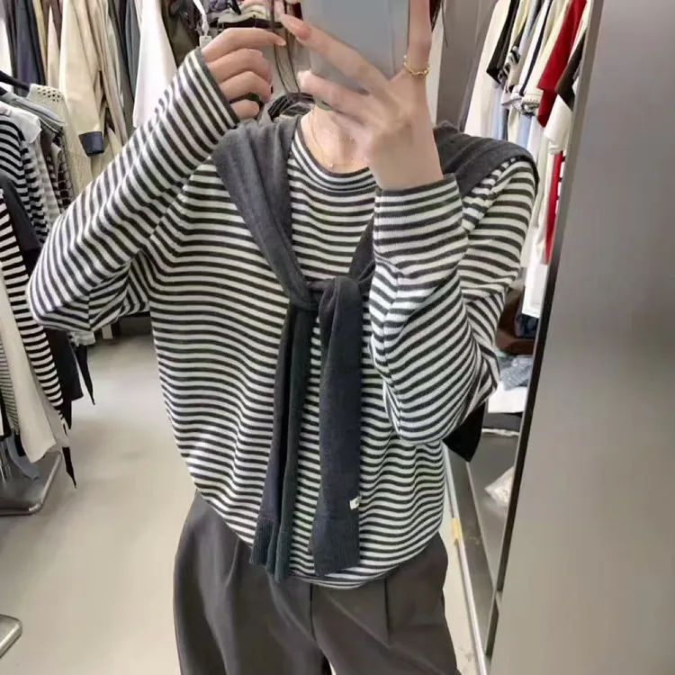 圆领针织女休闲毛衣秋季毛针织衫开衫韩版长袖条纹