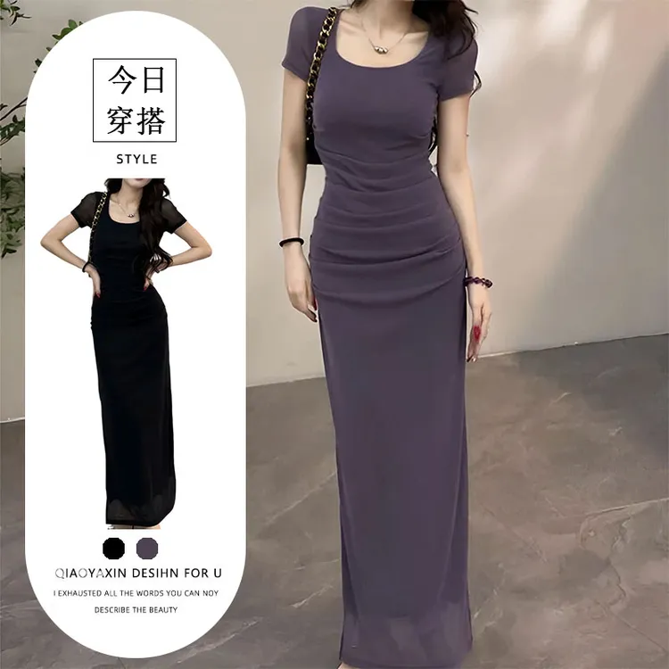 名媛气质短袖方领收腰连衣裙女2025新款夏季下摆开叉独特性感长裙