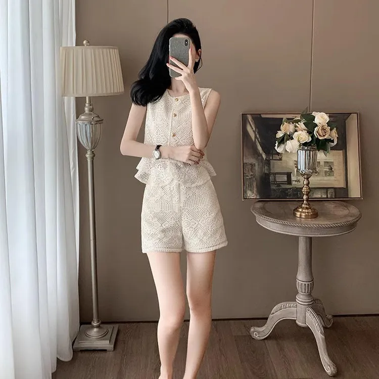 新款名媛蕾丝小香风短裤套装女夏小个子减龄盐系轻熟两件套高级感