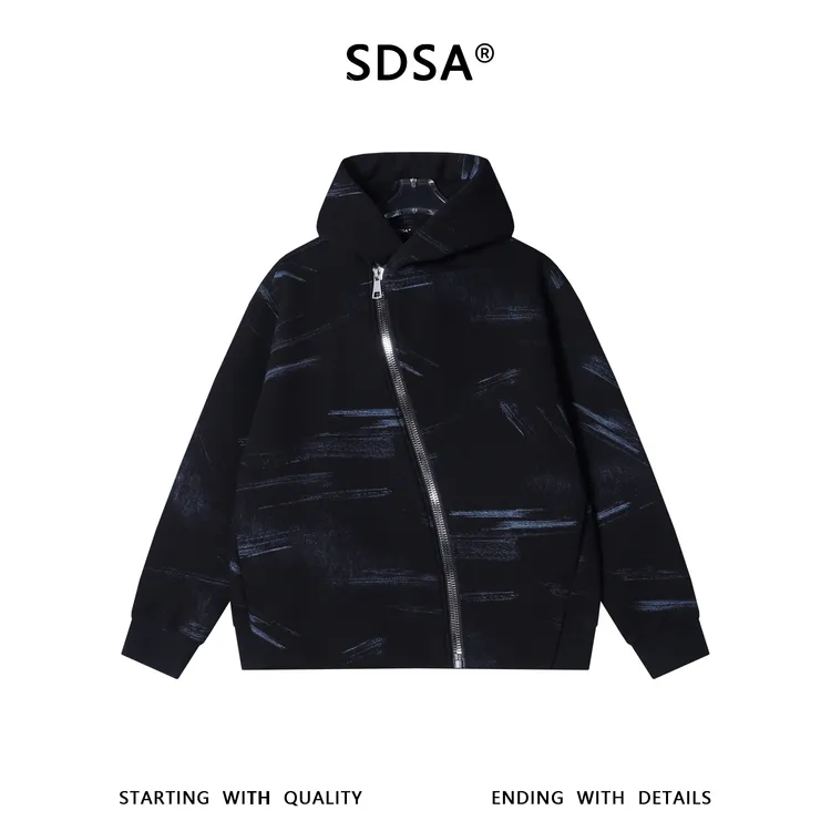 SDSA男士秋冬新款痞帅男装潮牌撞色印花斜拉链连帽卫衣百搭时尚