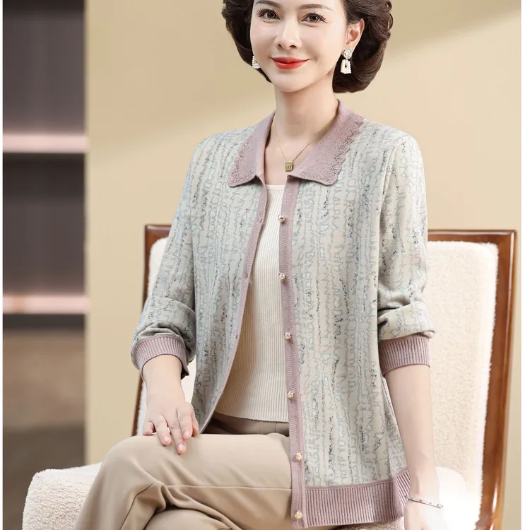 中老年女装大码开衫中年女装洋气翻领薄外套妈妈秋装长袖宽松上衣