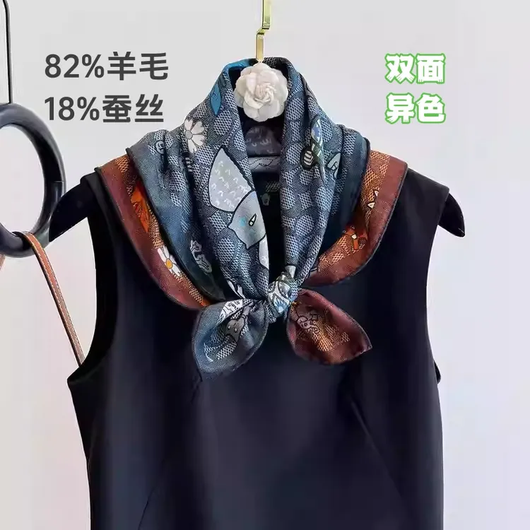 双面双色羊毛围巾高端轻奢蚕丝丝巾卡通猫咪动物图案时尚职业领巾