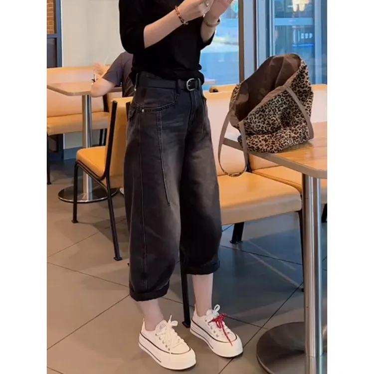 2025秋季新款高腰弯刀牛仔裤女大码女装微胖mm显瘦百搭八分阔腿裤