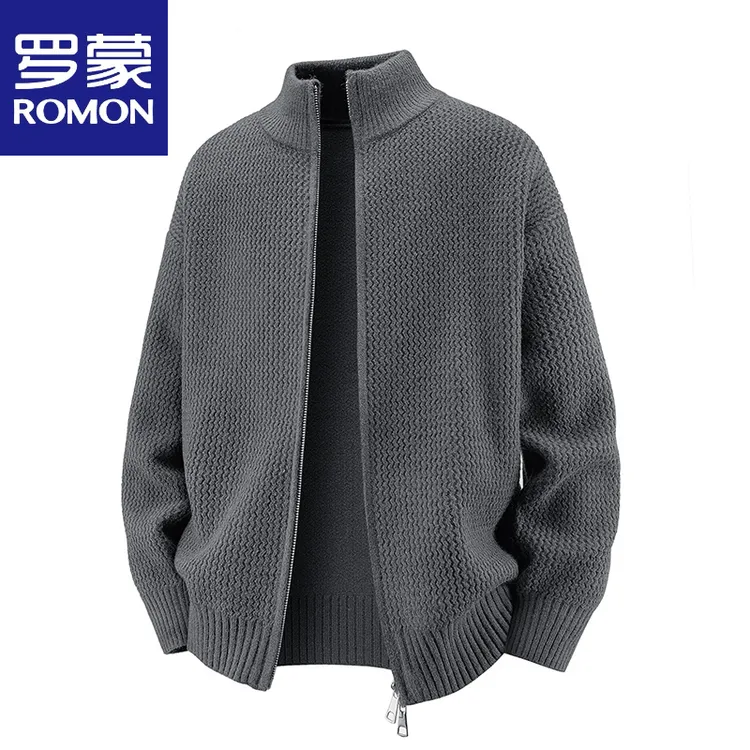 罗蒙纯色立领毛衣针织开衫男士秋季新款宽松百搭韩版潮流外套男
