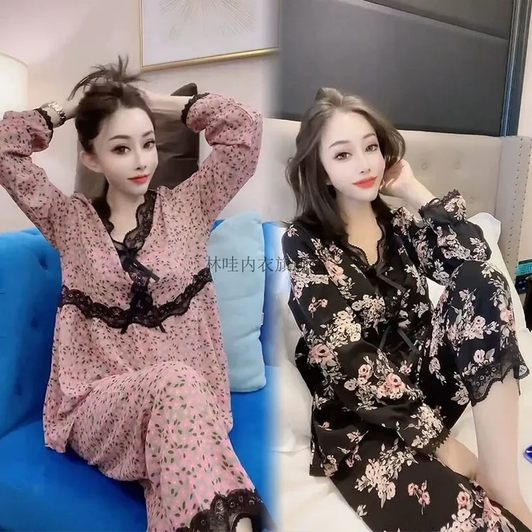 网红女士睡衣春秋拼接韩版蕾丝新款v领长袖长裤碎花家居服两件套