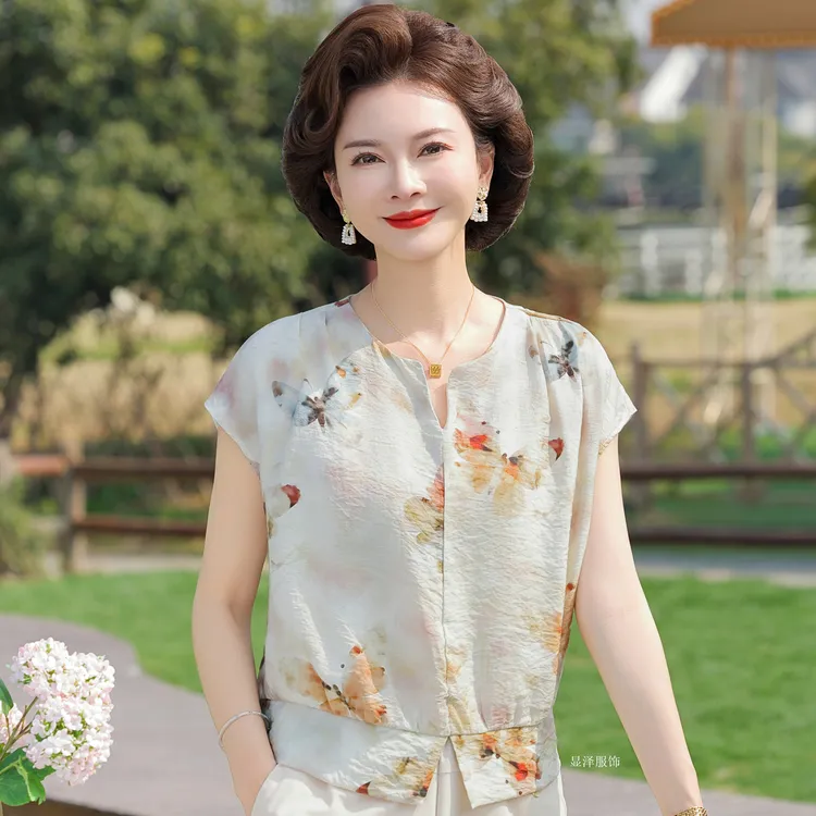 恒源祥彩羊妈妈装休闲插肩短袖中老年女上衣夏款薄款简约百搭小衫