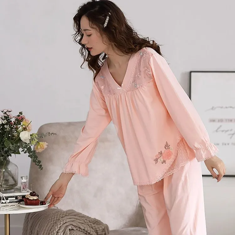 春秋新款睡衣棉高级感刺绣蕾丝套头宽松中年妈妈睡衣可外出